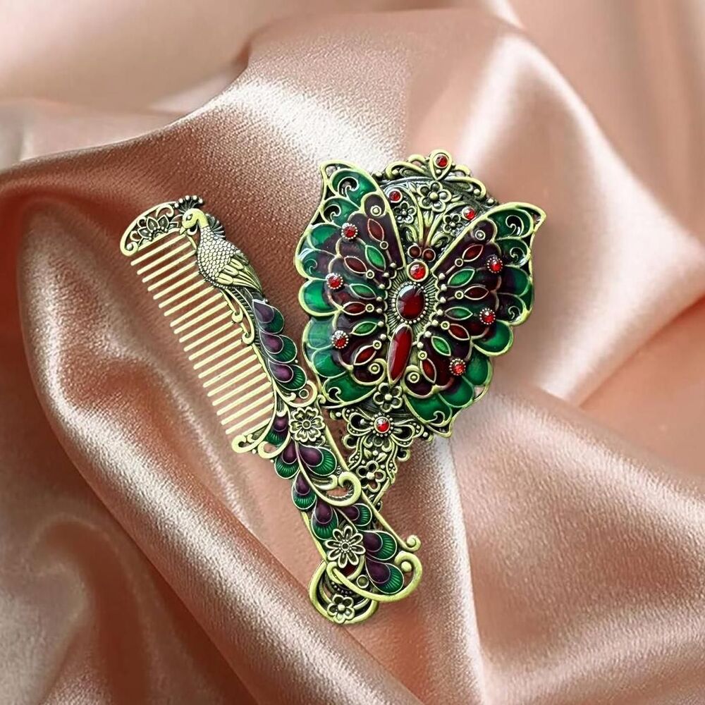 Vintage Peacock Comb & Butterfly Mirror Vanity Set | Deep Gold Green Purple